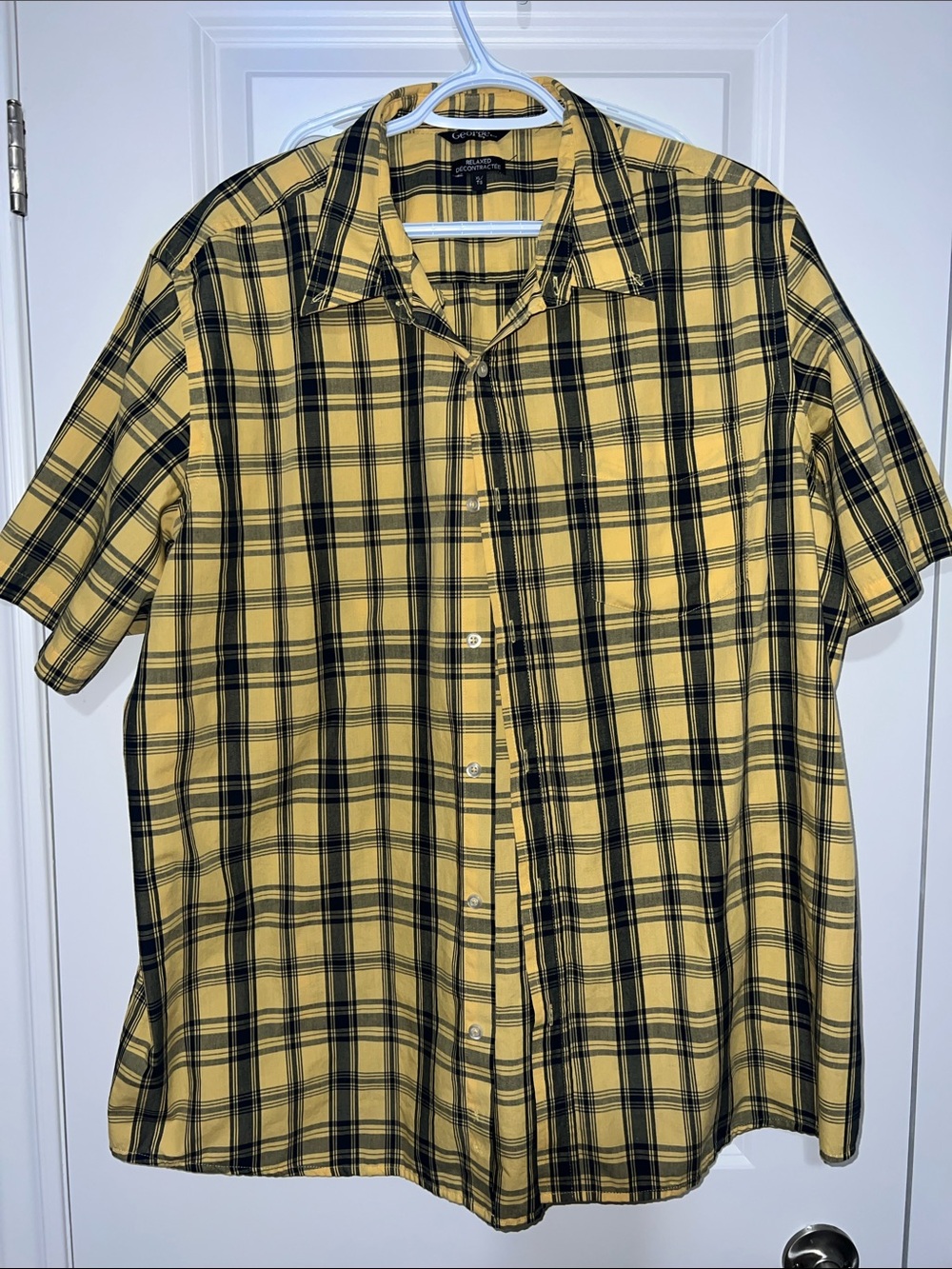 George Yellow and Black Plaid Short-Sleeve Button-Down Shirt